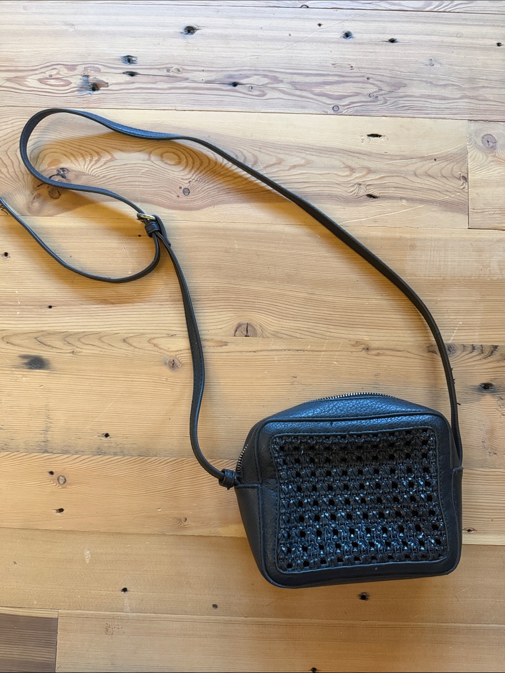 Anthropologie Black leather crossbody woven bag